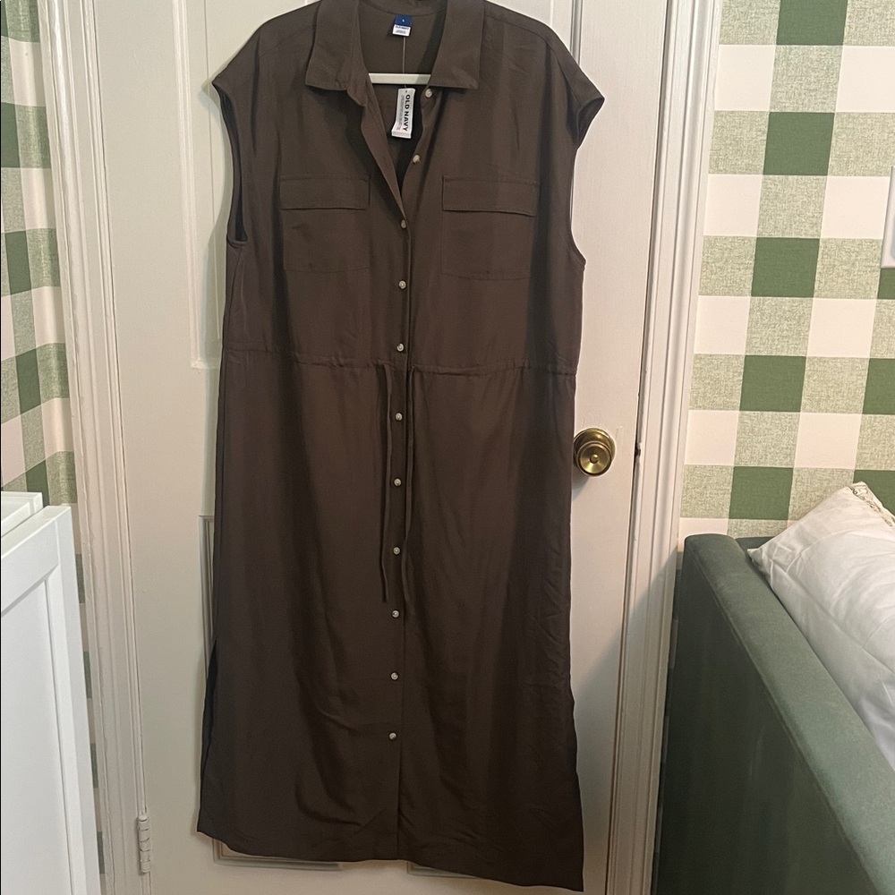 NWT Old Navy Olive Green Sleeveless Brown Maxi Shirt Dress Size L